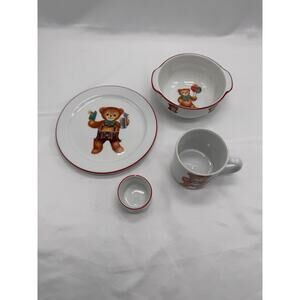 Vintage Reutter Child Kid Feeding Dish 4 Piece Teddy Bears Red Porcelain Germany